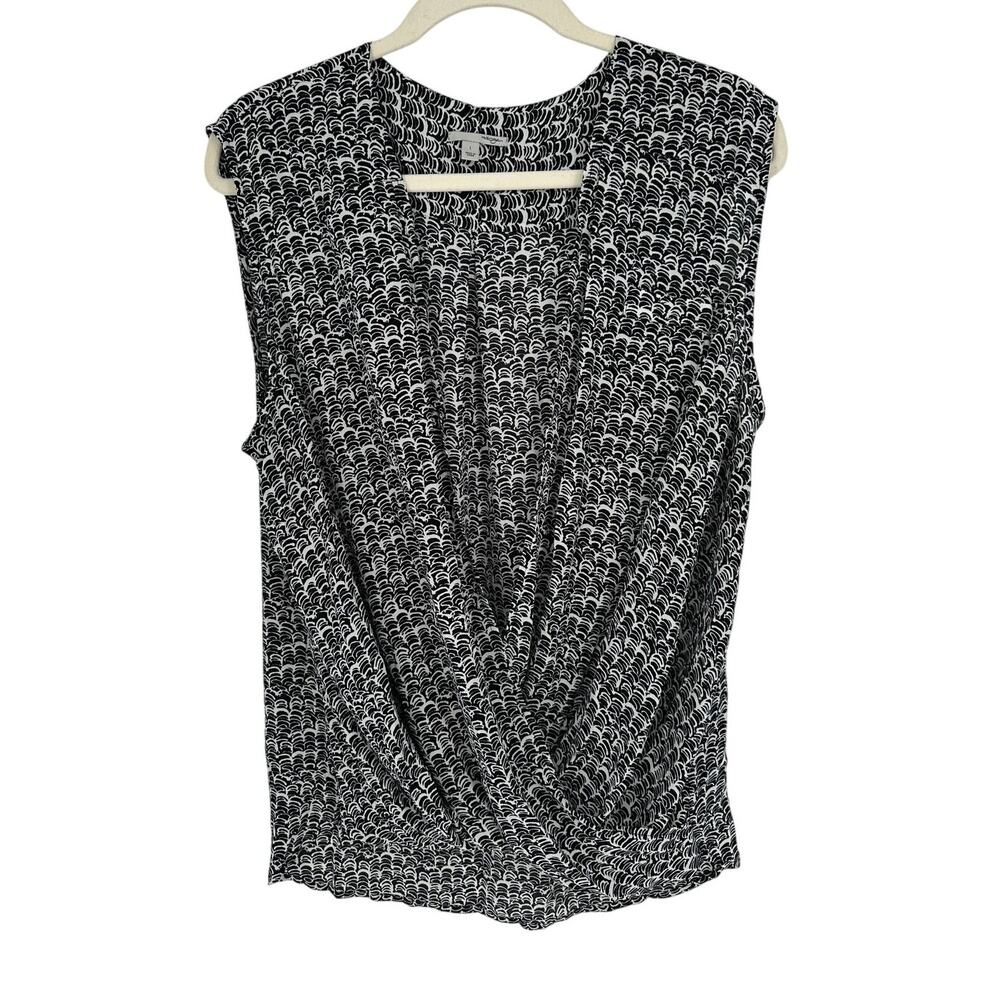 Halogen Black White Abstract Surplice Blouse Sleeveless Ruched Summer Top Luxe L